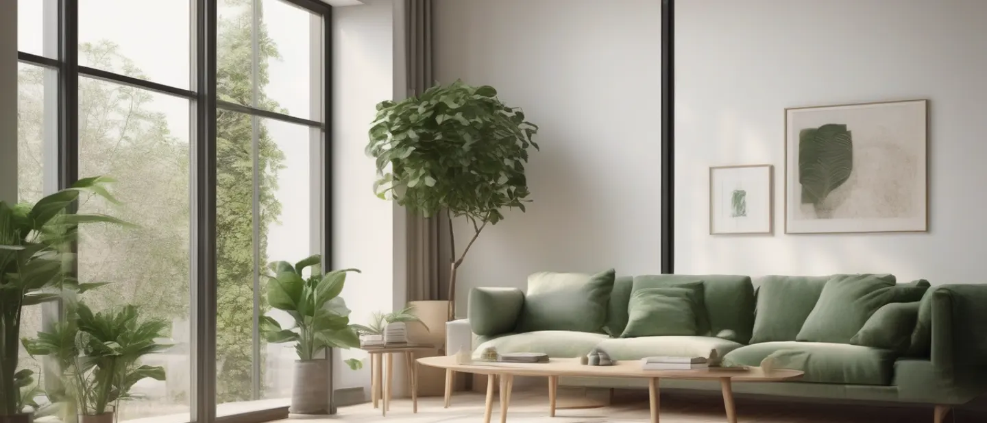 Salon lumineux, grande fenêtre et plantes vertes