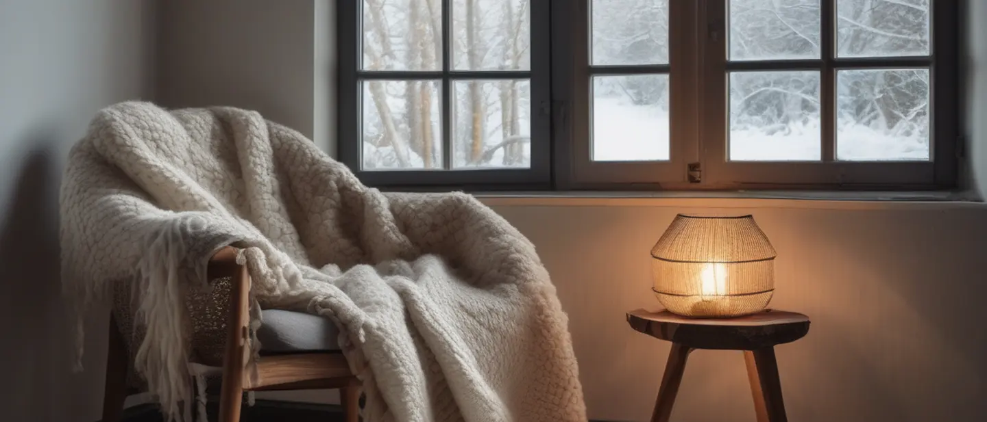 Coin lecture en hiver, fauteuil, plaid en laine et lampe allumée