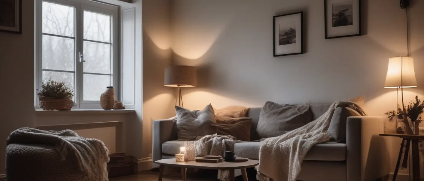 Salon en soirée d'hiver, lampes allumées